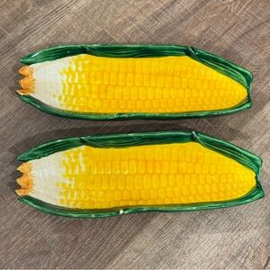 Vintage Retro Ceramic Corn On The Cob Server Plate Green and Yellow Set of 2